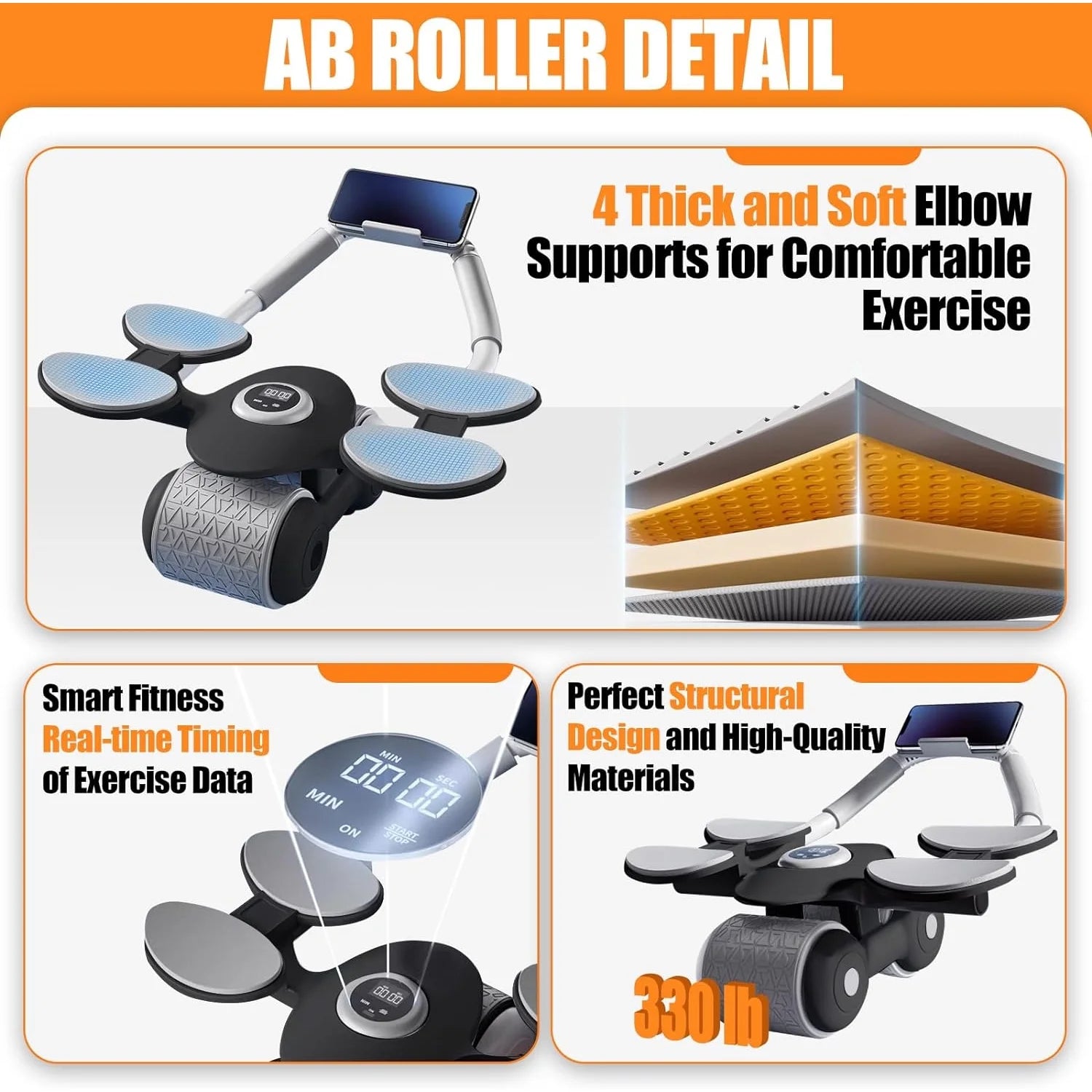 Ab Roller Wheel with Knee Mat &Timer, 2024 New with Timer Ab Abdominal Exercise Roller Elbow Support, Abs Roller Wheel Core Exercise Equipment, Automatic Rebound Abdominal Wheel